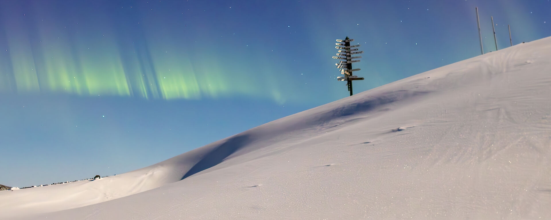 Green lights of the aurora australis appear in a starry, blue sky above snow-covered slope, with a signpost near the top.