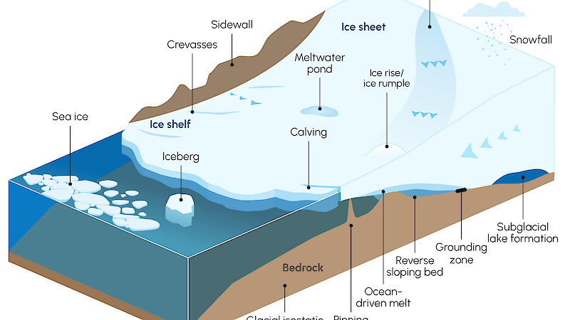 Graphic showing different processes affecting the Antarctic Ice Sheet, such as iceberg calving and snowfall.